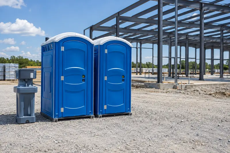 Portable sanitation facilities beside a construction project