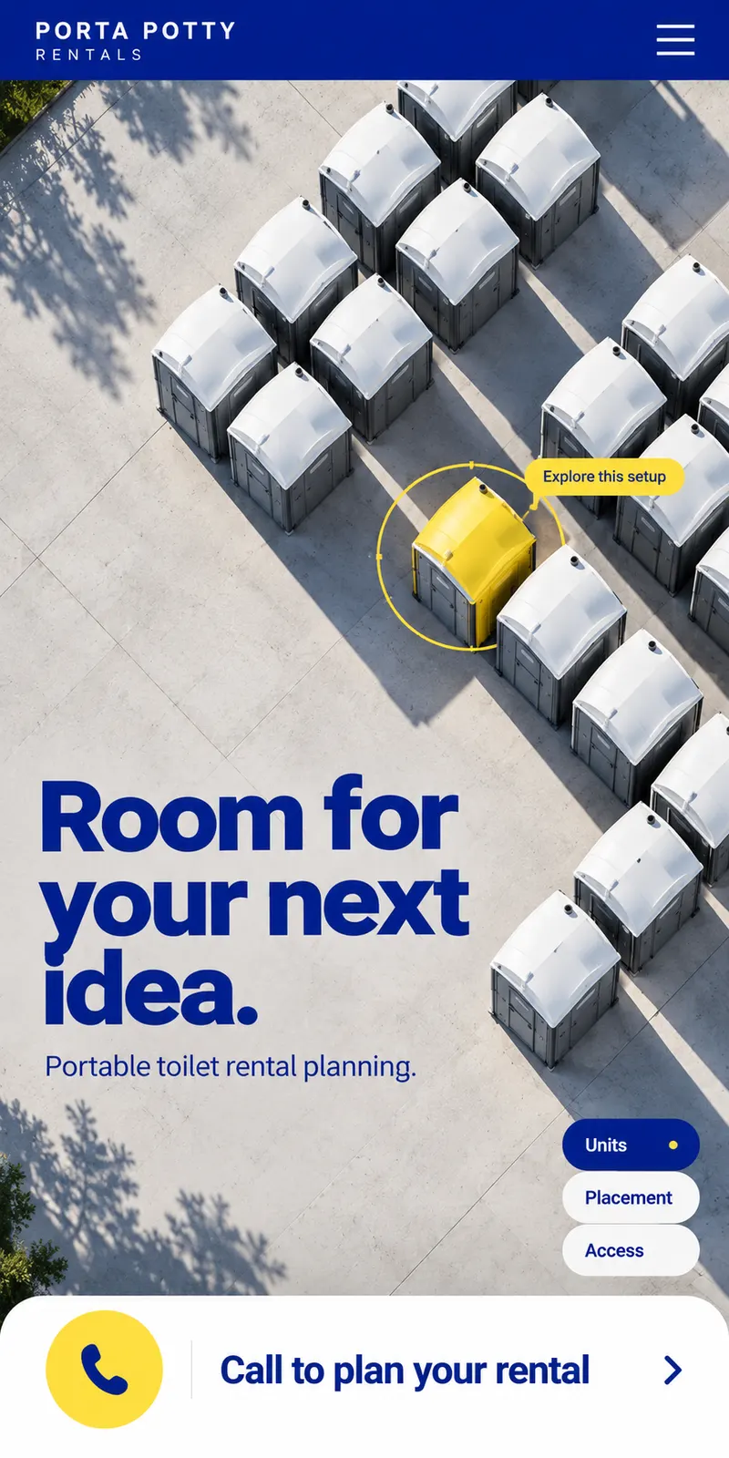 Overhead illustration of portable toilets arranged across a site